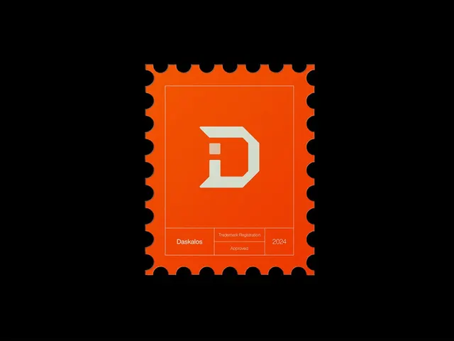 Daskalos orange postage-stamp logo lockup, minimal, geometric, vibrant