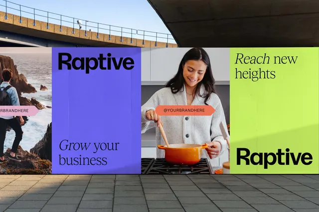 Raptive outdoor billboard campaign mockup, corporate-clean, photographic, vibrant