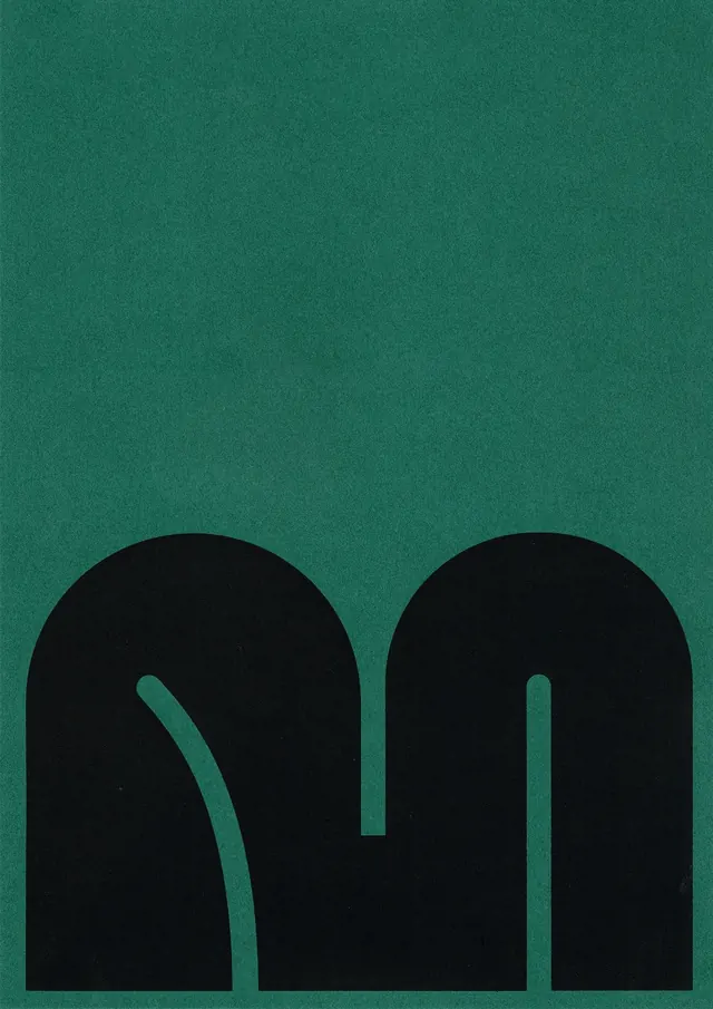 Chunky lowercase m letterform in black on green, minimal, geometric, dark