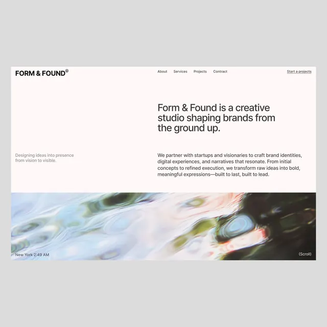 Form & Found studio website hero, minimal, swiss, light