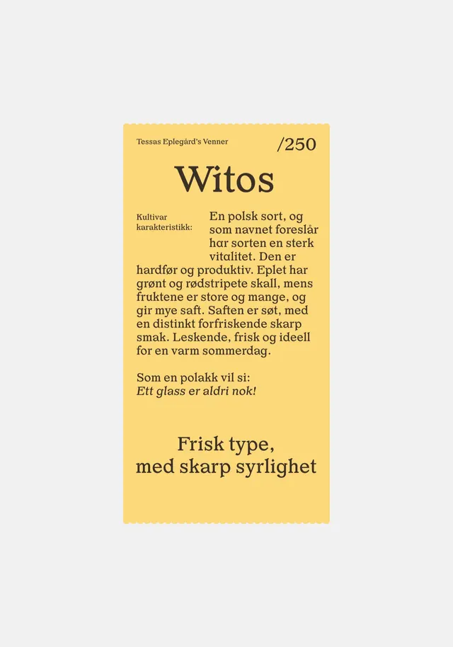 Witos apple-cultivar label in mustard yellow, minimal, editorial, warm