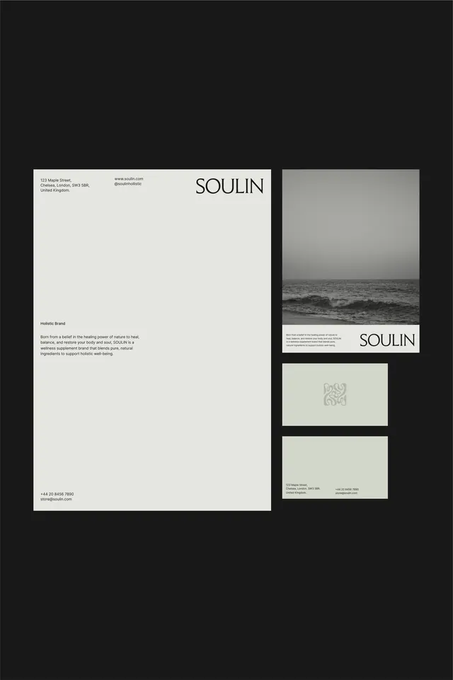 SOULIN wellness stationery flat-lay, minimal, editorial, dark