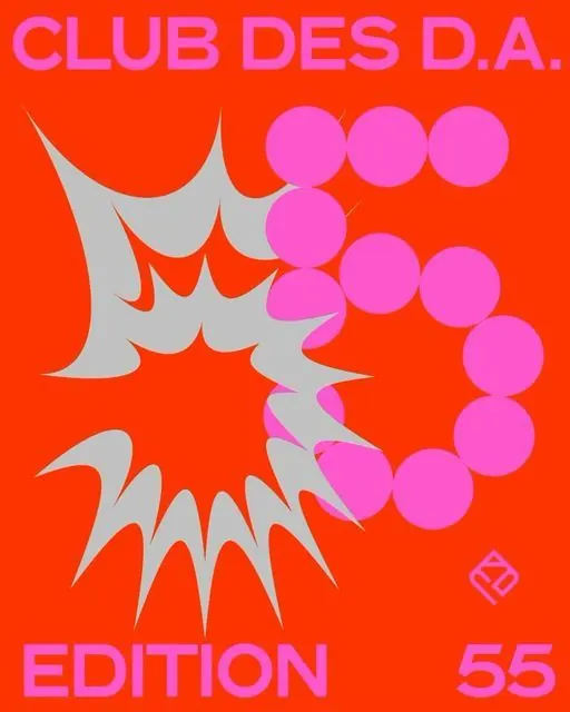 Club des D.A. Edition 55 poster, starburst and bead-numeral, maximalist, geometric, vibrant