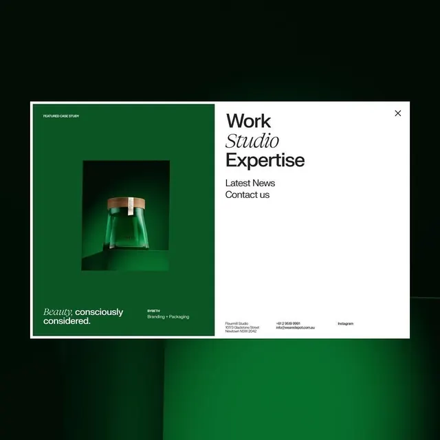 Deep-green studio menu with packaging case study, minimal, corporate-clean, dark