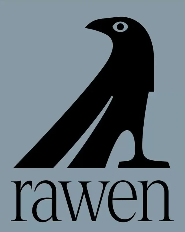 Rawen bird-silhouette logo with serif wordmark, minimal, monochrome, dark
