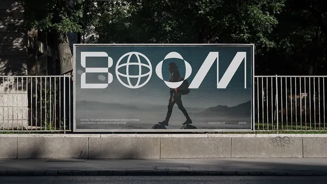 BOOM globe-O billboard with hiker photo, minimal, photographic, dark