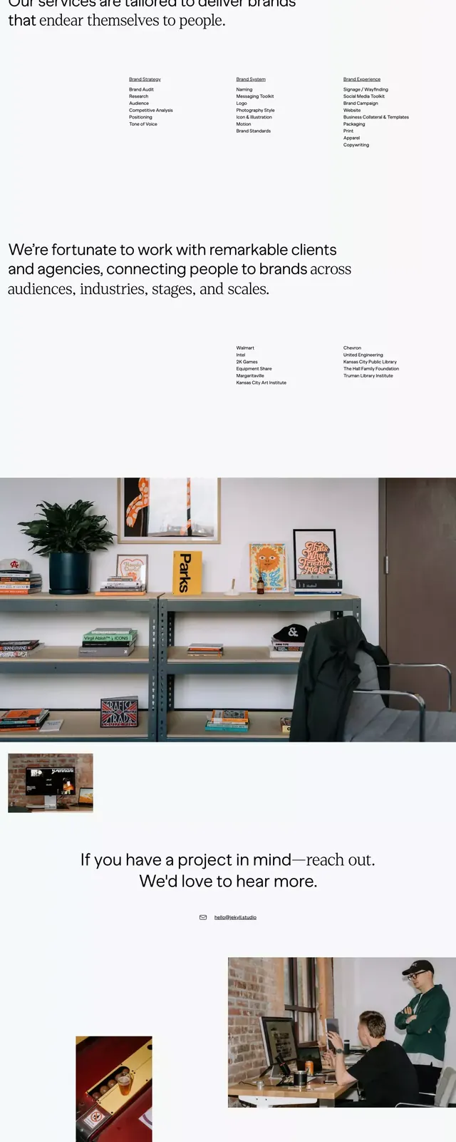 Jekyll agency site with oversized wordmark, minimal, editorial, light
