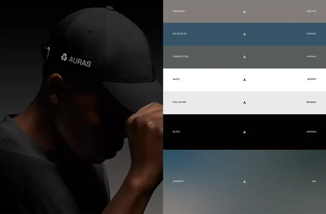 AURAS brand color palette and cap, minimal, editorial, dark