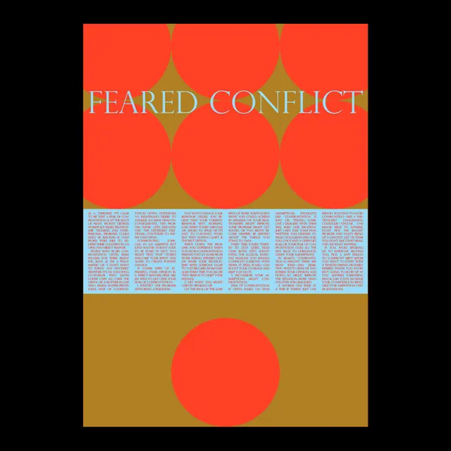 FEARED CONFLICT circle-grid poster, editorial, geometric, warm