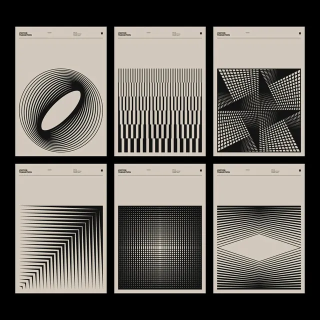Vector Transition poster set, six op-art line studies, swiss, geometric, monochrome
