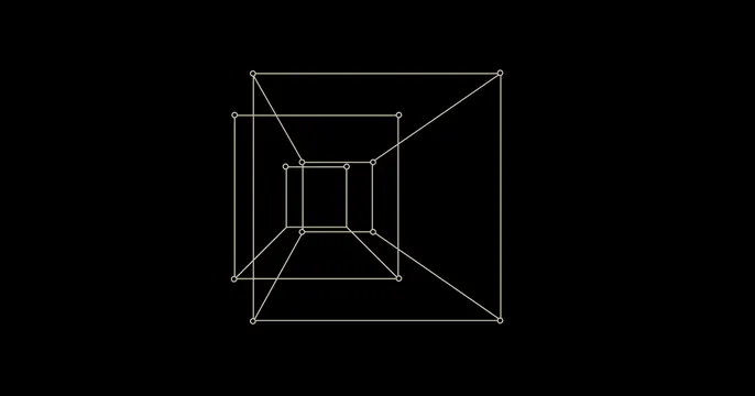 Nested perspective cube wireframe on black, line-art, geometric, dark