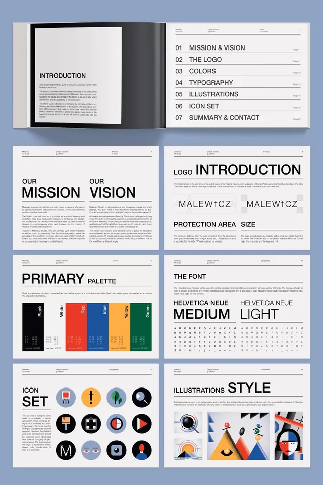 Malewicz Swiss brand guidelines spreads, minimal, swiss, light