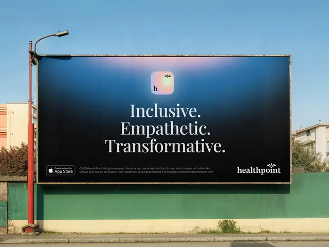Healthpoint billboard with stacked period-punctuated headline, corporate-clean, photographic, dark