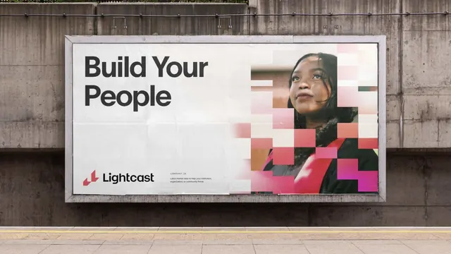 Lightcast 'Build Your People' billboard with pixel-mosaic portrait, minimal, photographic, light