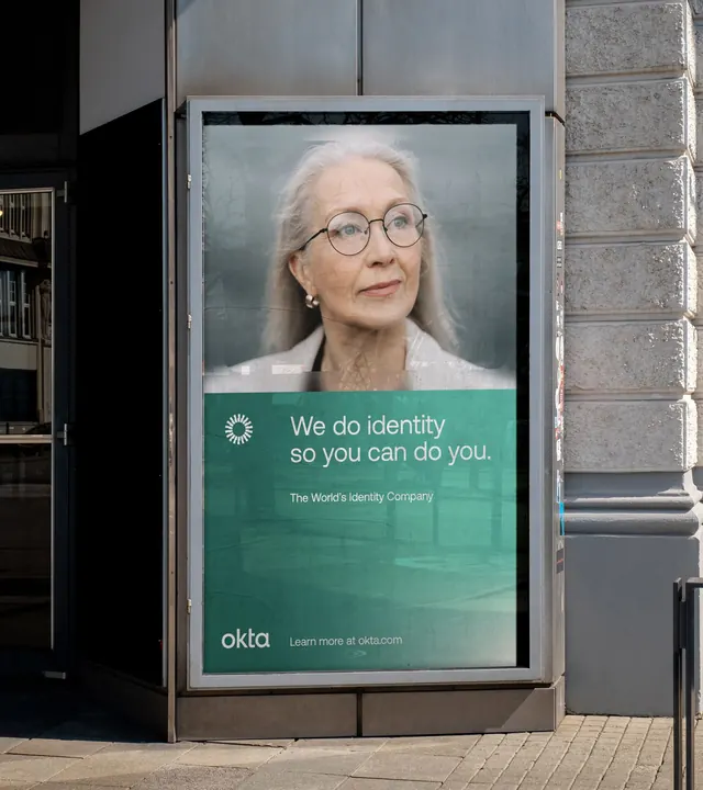Okta identity platform advertising campaign, corporate-clean, minimal, light