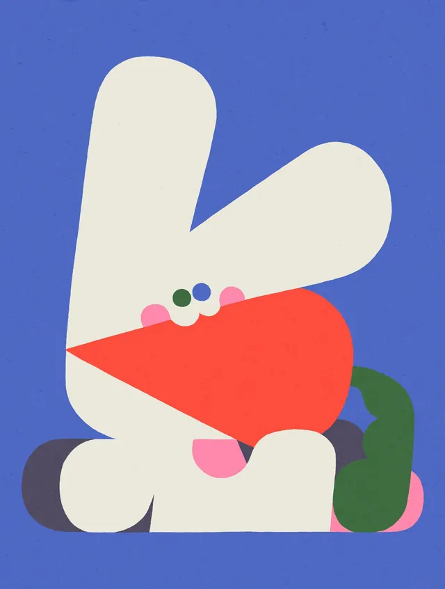 Geometric hand character with organic curves and accent dots, flat, illustrated, light