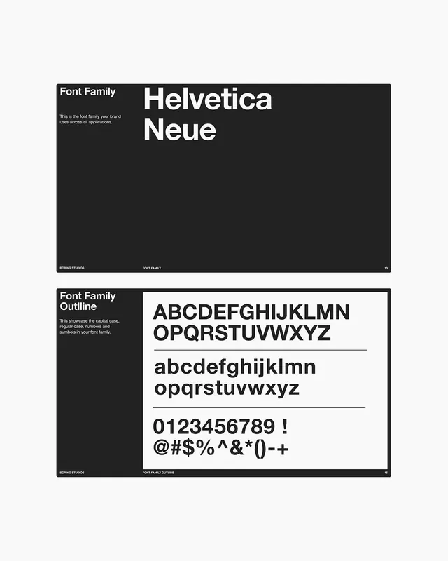 Helvetica Neue font-family spec pages from a brand guide, swiss, minimal, dark