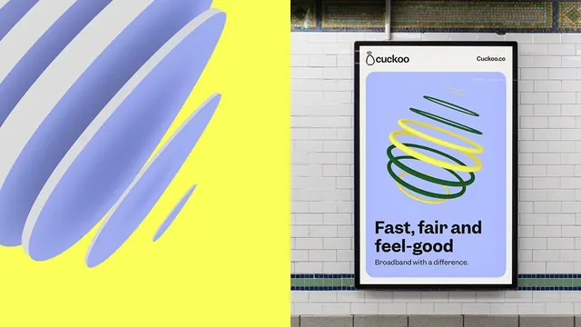 Cuckoo Broadband billboard campaign with dynamic wave mark, gradient-heavy, geometric, high-contrast