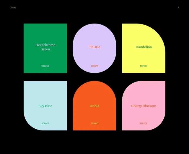 Brand color palette page, six named swatches on black, minimal, editorial, vibrant