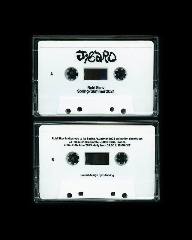 Bold Skov cassette tape event invitation, minimal, corporate-clean, light