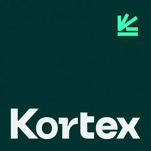 Kortex teal wordmark with mint arrow mark, minimal, geometric, dark
