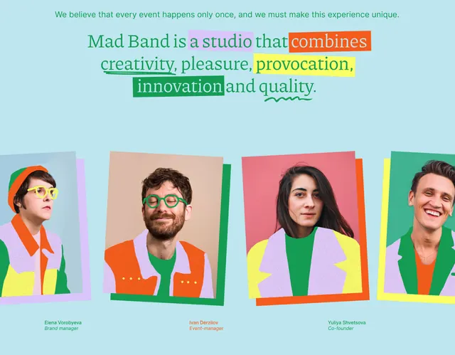 Mad Band studio branding with colorful typography, editorial, gradient-heavy, vibrant