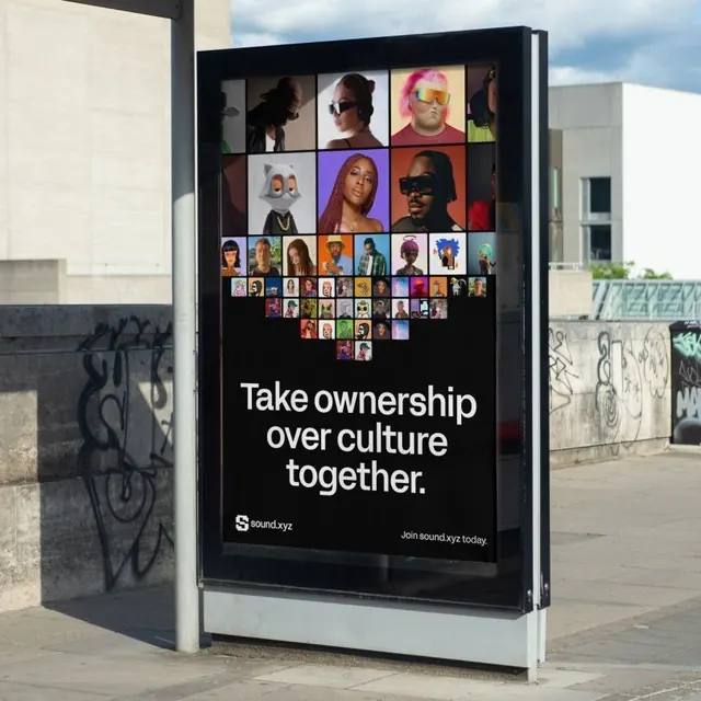 Sound.xyz outdoor billboard with cascading portrait grid, minimal, photographic, dark