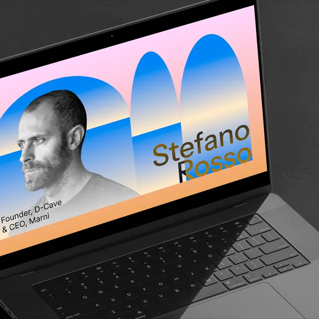 Stefano Rosso laptop portrait mockup with gradient overlay, gradient-heavy, minimal, cool