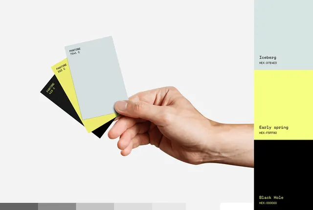 Color palette swatch cards with hand, minimal, geometric, light