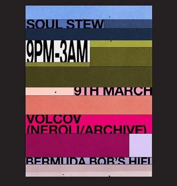 Stacked event-poster typography, minimal, editorial, dark