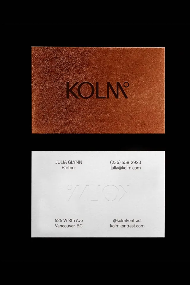 KOLM copper-foil business card, minimal, luxury, earthy
