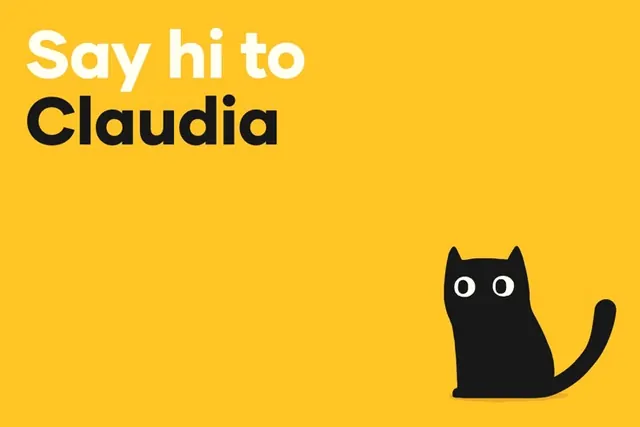 Yellow greeting with cat mascot, playful, minimal, vibrant