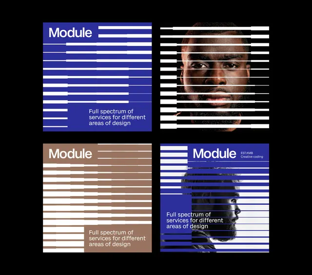 Module identity with horizontal-blind motif, minimal, swiss, dark