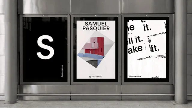 Samuel Pasquier triple-panel gallery display, minimal, corporate-clean, dark