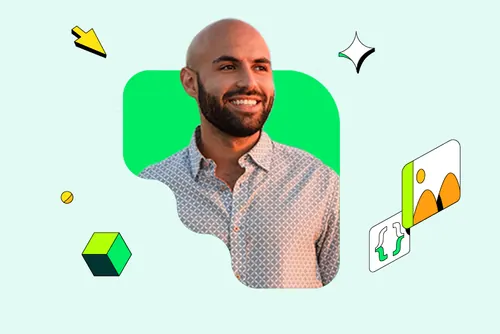 Flat portrait with floating geometric accents, flat, illustrated, light