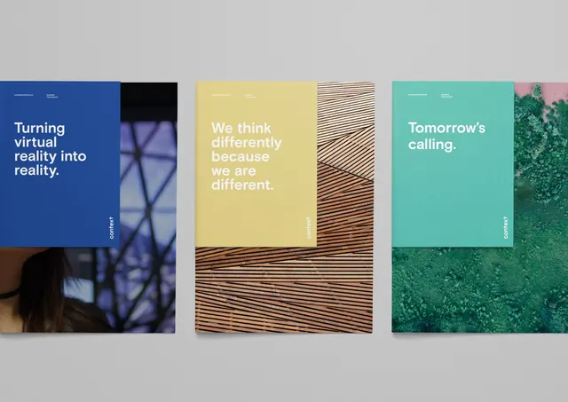 Multi-panel brand identity spreads with textured abstraction, minimal, corporate-clean, dark