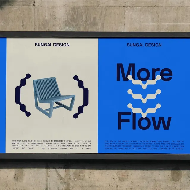 Sungai Design two-panel exhibition poster, minimal, geometric, neon