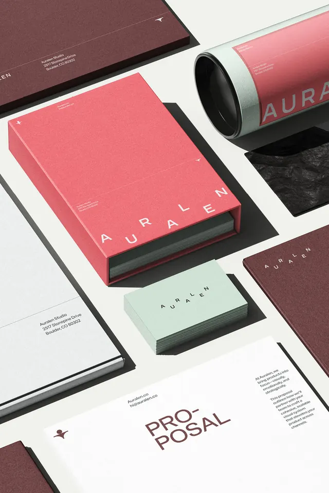 AURALEN branded stationery suite, minimal, editorial, warm