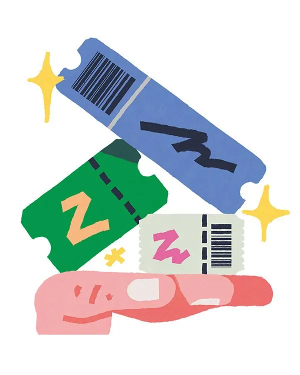 Playful product labeling illustration with 'Z' motifs and stars, flat, illustrated, light