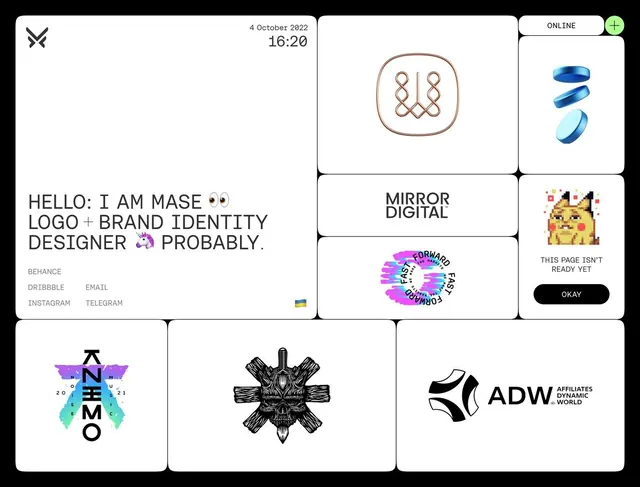Brand identity portfolio grid showcase, minimal, geometric, dark