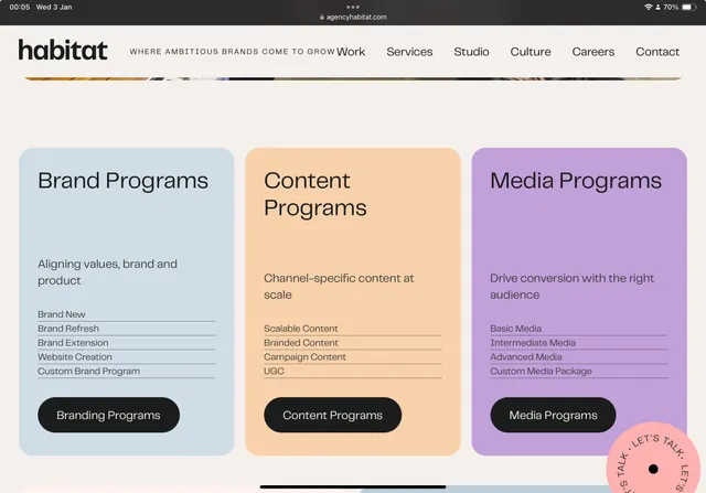 Habitat agency services page with pastel card grid, minimal, corporate-clean, light