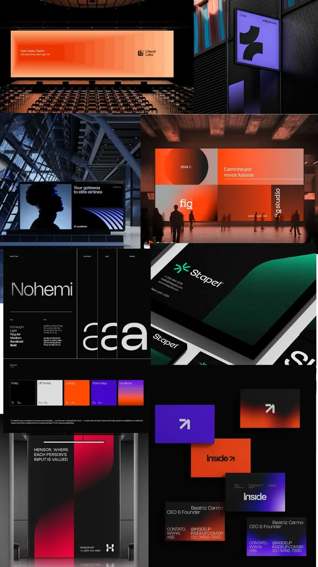 Dark-mode identity system collage, dark-mode, geometric, high-contrast