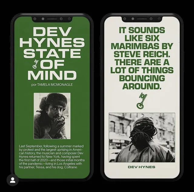 Dev Hynes State of Mind: split-screen mobile article layout, editorial, minimal, dark