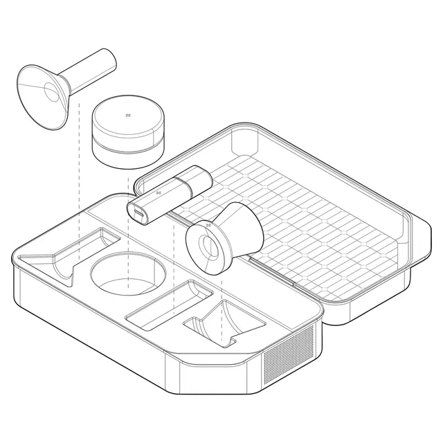 Food processor technical schematic exploded view, technical, minimal, dark