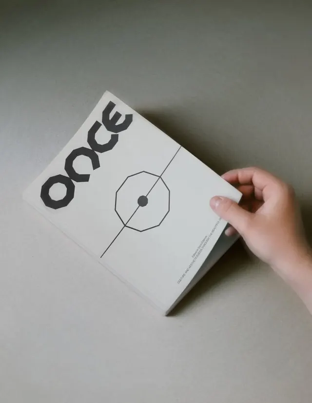 ONCE: monochrome brochure cover with geometric line illustration, minimal, editorial, light