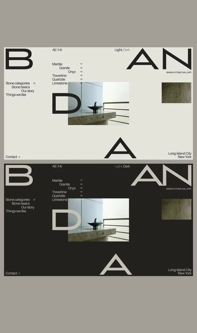 BANDA stone gallery light/dark type and material specimen, minimal, geometric, dark