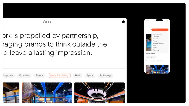 Portfolio website layout with category tabs and mobile mockup, corporate-clean, minimal, light