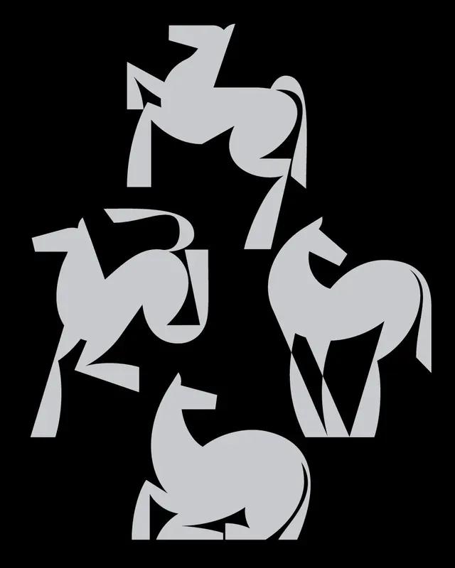 Monochrome equine pattern mark, minimal, geometric, dark
