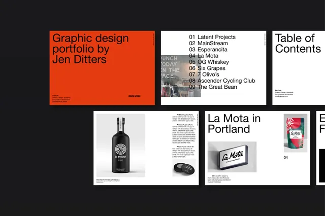 Jen Ditters graphic design portfolio, minimal, corporate-clean, dark