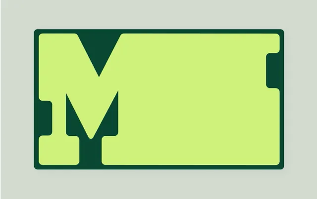 Lime M monogram with teal badge, minimal, geometric, cool